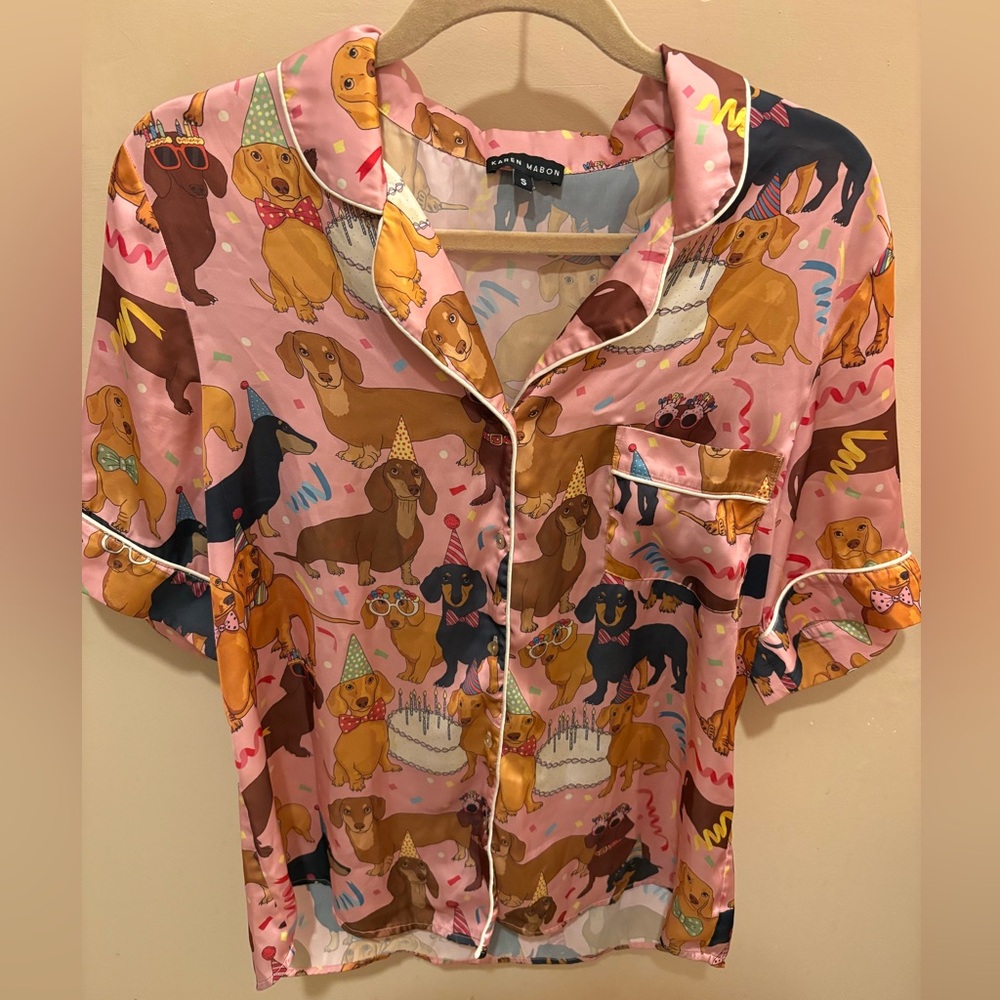 NWOT Karen Mabon Hot Dog Dachshund Birthday Pajama Top Women’s Small - Picture 2 of 10